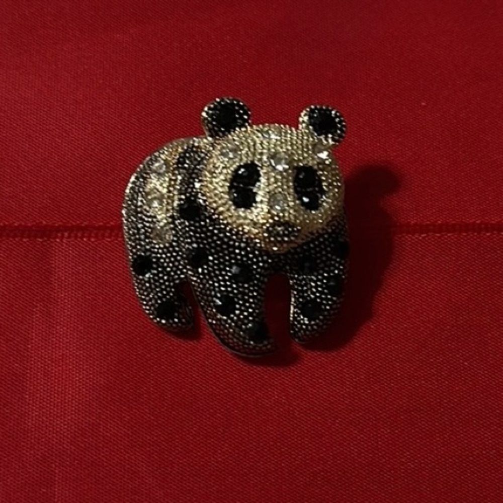 Vintage Panda Brooch Pin Gold Silver Clear Black Rhinestones